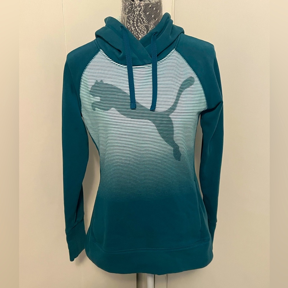 Puma Women’s Hoodie Sweatshirt Size Small Teal Striped Logo Pullover